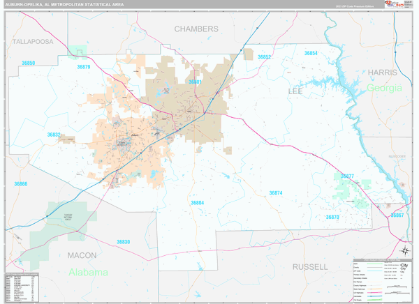 Auburn-Opelika Metro Area Wall Map Premium Style
